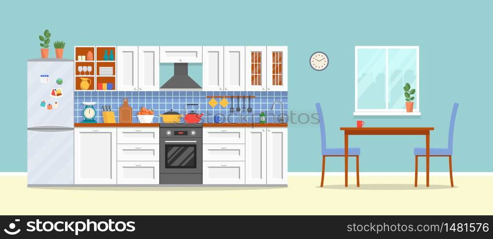 Modern kitchen with furniture. Cozy kitchen interior with table, stove, cupboard, dishes and fridge. Flat style vector illustration.