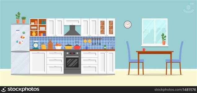 Modern kitchen with furniture. Cozy kitchen interior with table, stove, cupboard, dishes and fridge. Flat style vector illustration.
