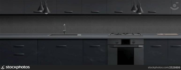 Modern kitchen with gas stove, sink and gray cupboards at night. Vector realistic illustration of dark kitchen interior with oven, cutting board with knife on counter and lamps. Modern kitchen with gas stove, sink at night