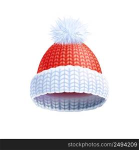 Modern knitted two colored beanie style hat with pompom for winter sport headwear flat print vector illustration . Modern Winter Knitted Hat Flat Pictogram