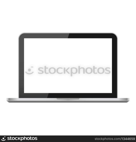 Modern laptop isolated on white background. Realistic silver glossy open notebook. White blank computer screen with glare. Desktop pc. Frame computer for internet, technology, design, business. Vector. Modern laptop isolated on white background. Realistic silver glossy open notebook. White blank laptop screen with glare. Desktop pc. Frame computer for internet, technology, design, business. Vector.