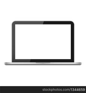 Modern laptop isolated on white background. Realistic silver glossy open notebook. White blank computer screen with glare. Desktop pc. Frame computer for internet, technology, design, business. Vector. Modern laptop isolated on white background. Realistic silver glossy open notebook. White blank laptop screen with glare. Desktop pc. Frame computer for internet, technology, design, business. Vector.