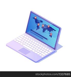 Modern Laptop Open and Works Wherever is Internet. Vector Illustration White Background. Screen Electronic Device there is Map Modern Political World with Designated Geographical Objects.