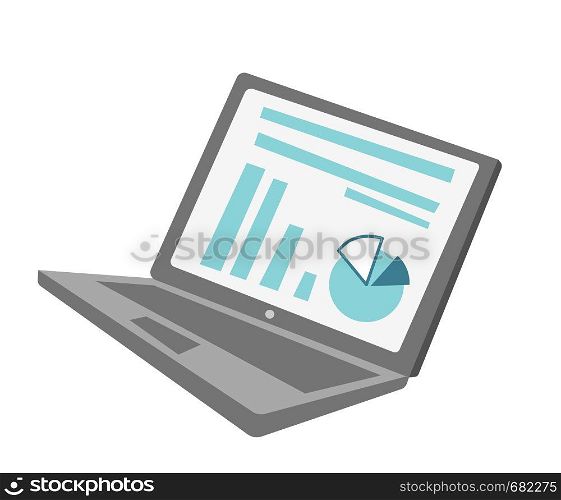 Modern laptop with financial chart and diagram on the screen vector cartoon illustration isolated on white background.. Laptop with chart and diagram vector cartoon.