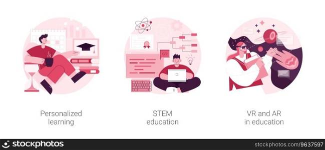 Modern learning abstract concept vector illustration set. Personalized learning, STEM education, VR and AR in education, technology class, smart children, digital device abstract metaphor.. Modern learning abstract concept vector illustrations.