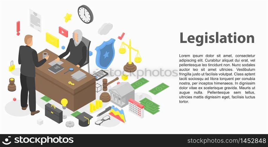Modern legislation concept banner. Isometric illustration of modern legislation vector concept banner for web design. Modern legislation concept banner, isometric style