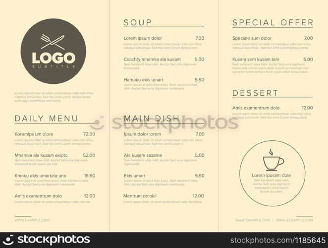 Modern light brown minimalistic restaurant menu template with three columns design layout and nice typography. Modern minimalistic restaurant menu template