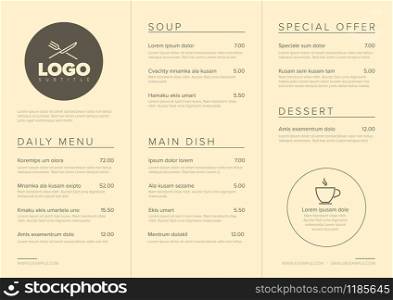 Modern light brown minimalistic restaurant menu template with three columns design layout and nice typography. Modern minimalistic restaurant menu template