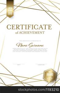 Modern light certificate of achievement template with place for your content - vertical golden design with white background. Modern light certificate template layout