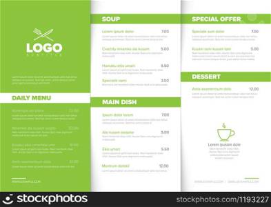Modern light minimalistic restaurant menu template with three columns design layout, green accent and nice typography
