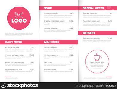 Modern light minimalistic restaurant menu template with three columns design layout, pink accent and nice typography. Modern minimalistic restaurant menu template
