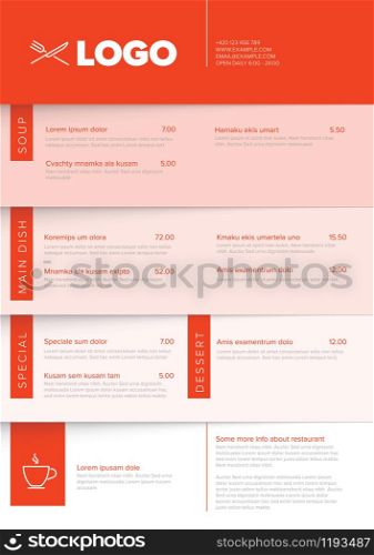 Modern light minimalistic vertical restaurant menu template with red accent and nice typography. Modern minimalistic restaurant menu template