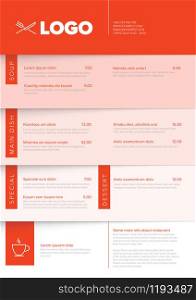 Modern light minimalistic vertical restaurant menu template with red accent and nice typography. Modern minimalistic restaurant menu template