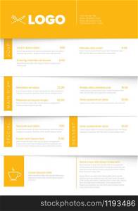 Modern light minimalistic vertical restaurant menu template with yellow accent and nice typography. Modern minimalistic restaurant menu template