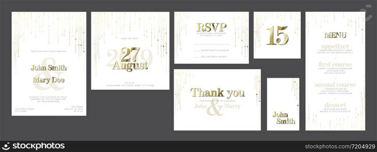 Modern light Wedding suite collection card templates with golden labels and decorations - invitation, save the date card, rsvp, thank you card, table number, table name card, menu. Wedding suite collection card templates