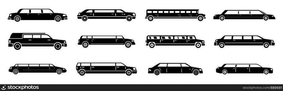 Modern limousine icons set. Simple set of modern limousine vector icons for web design on white background. Modern limousine icons set, simple style