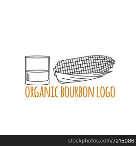 Modern line style logo, branding, logotype, badge with corn and a glass of bourbon. Distillery symbol. Vector illustration. Thin line icon.