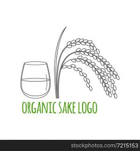 Modern line style logo, branding, logotype, badge with rice plant and a glass of sake. Sake symbol. Vector illustration. Thin line icon.