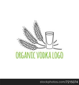 Modern line style logo, branding, logotype, badge with spikes of wheat and a glass of vodka. Distillery symbol. Vector illustration. Thin line icon.