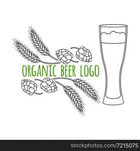 Modern line style logo, branding, logotype, badge with spikes of wheat, hop and a glass of beer. Beer symbol. Vector illustration. Thin line icon.