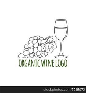 Modern line style logo with grapes, leaf and glass of wine. Winery symbol. Vector illustration. Thin line icon.