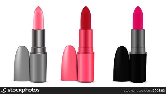 Modern lipstick colour set. Isolated vector illustration makeup cosmetic product.. Modern lipstick set. makeup cosmetic product