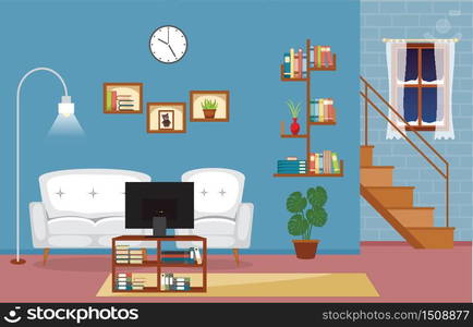 Modern Living Room Family House Interior Furniture Vector Illustration