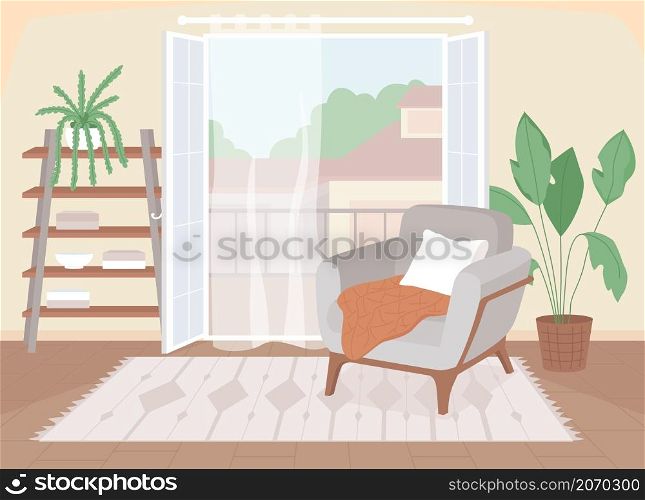 Modern living room flat color vector illustration. Armchair with pillow and blanket at home. Large window. Trendy apartment. Nordic style 2D cartoon interior with furnishing on background. Modern living room flat color vector illustration