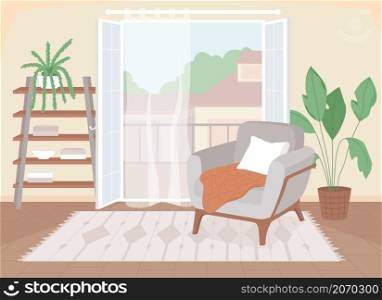 Modern living room flat color vector illustration. Armchair with pillow and blanket at home. Large window. Trendy apartment. Nordic style 2D cartoon interior with furnishing on background. Modern living room flat color vector illustration