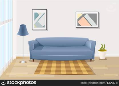Modern Living Room Interior Cartoon Vector Illustration with Comfortable Blue Sofa near Window in Spacious Room or Apartments, Elegant Floor Lamp, Plant in Pot, Carpet on Floor and Paintings on Wall