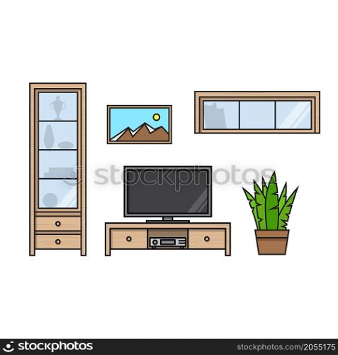 Modern living room interior. For web design, banner, flyer, mobile and application interface, also useful for infographics. Thin line icon vector illustration isolated on white background.. Modern living room interior.