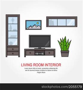 Modern living room interior. For web design, banner, flyer, mobile and application interface, also useful for infographics. Thin line icon vector illustration isolated on white background.. Modern living room interior.