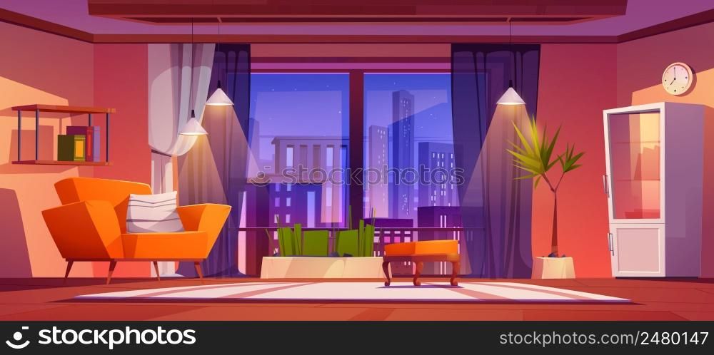 Modern living room with panoramic window with cityscape view at night. Vector cartoon illustration of empty lounge interior with cozy furniture and big window with town buildings and skyscrapers view. Living room with panoramic window with city view