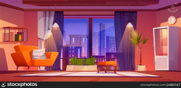 Modern living room with panoramic window with cityscape view at night. Vector cartoon illustration of empty lounge interior with cozy furniture and big window with town buildings and skyscrapers view. Living room with panoramic window with city view