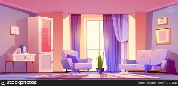 Modern living room with purple furniture and curtains on panoramic window. Vector cartoon illustration of empty lounge interior with sofa, chair, cabinet, books on table and big window. Living room with purple furniture and curtains