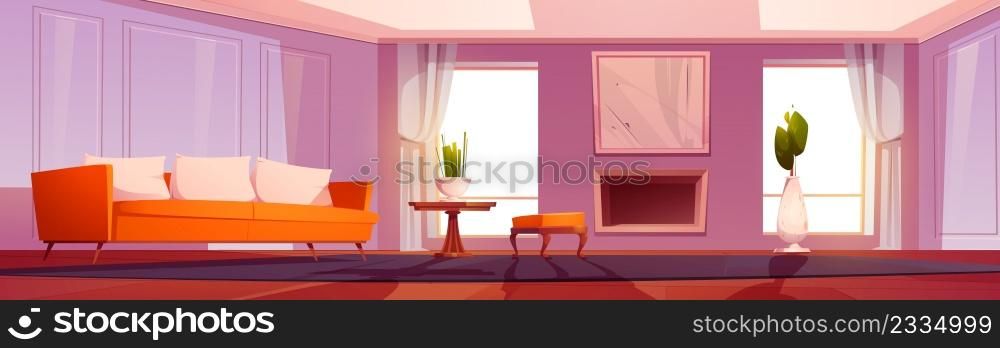 Modern living room with sofa, fireplace, plants and windows. Vector cartoon interior of empty lounge with couch, pouf, wooden table, mirror on wall, curtains and carpet. Modern living room with sofa and fireplace