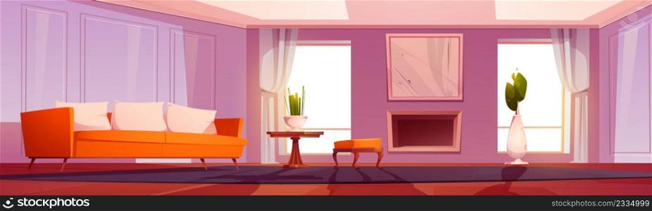 Modern living room with sofa, fireplace, plants and windows. Vector cartoon interior of empty lounge with couch, pouf, wooden table, mirror on wall, curtains and carpet. Modern living room with sofa and fireplace
