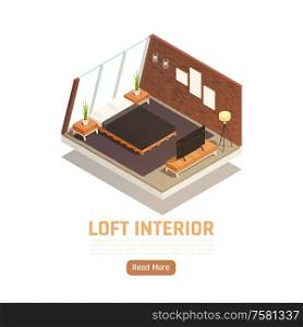 Modern loft apartment interior with glass window wall king size bed floor lamp isometric view vector illustration