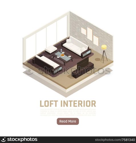 Modern loft family sitting room interior with glass window wall coffee table tv isometric view vector illustration