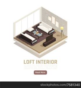 Modern loft family sitting room interior with glass window wall coffee table tv isometric view vector illustration