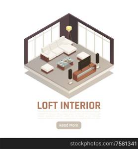 Modern loft home tv movie center interior with glass window walls sofa banquettes isometric view vector illustration