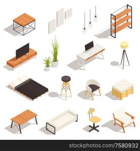 Modern loft interior isometric elements with mirror bed computer desk tv sofa couch lamp isolated vector illustration