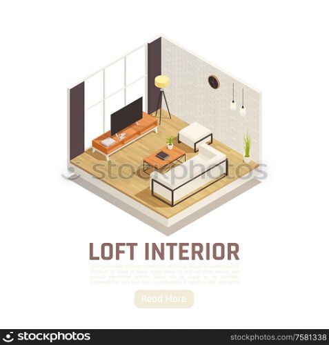 Modern loft lounge interior with big window tv cozy sofa coffee table lamp isometric view vector illustration