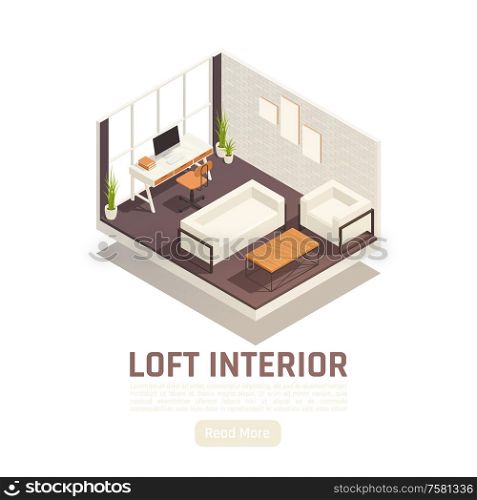Modern loft study interior isometric design with window glass wall computer desk couch coffee table vector illustration