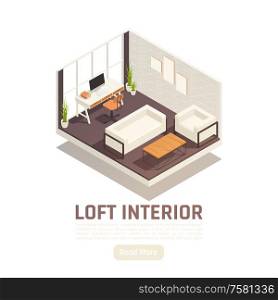 Modern loft study interior isometric design with window glass wall computer desk couch coffee table vector illustration