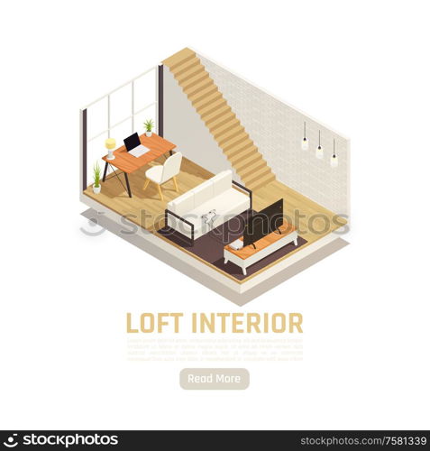 Modern loft study interior isometric design with window glass wall computer desk sofa attic lader vector illustration