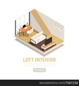 Modern loft study interior isometric design with window glass wall computer desk sofa attic lader vector illustration