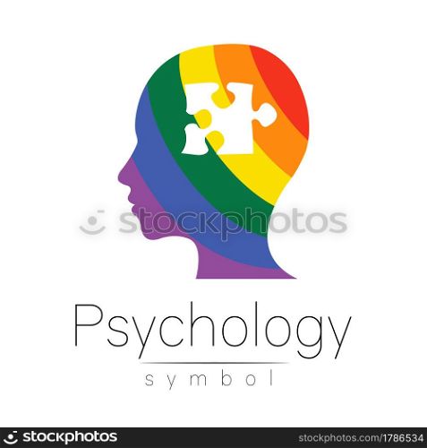 Modern logo head sign of Psychology. Puzzle. Profile Human. Creative style. Symbol in vector. Design concept. Brand company. Rainbow color isolated on white. Icon for web, print, logotype.. Modern logo head sign of Psychology. Puzzle. Profile Human. Creative style. Symbol in vector. Design concept. Brand company. Rainbow color isolated on white. Icon for web, print, logotype