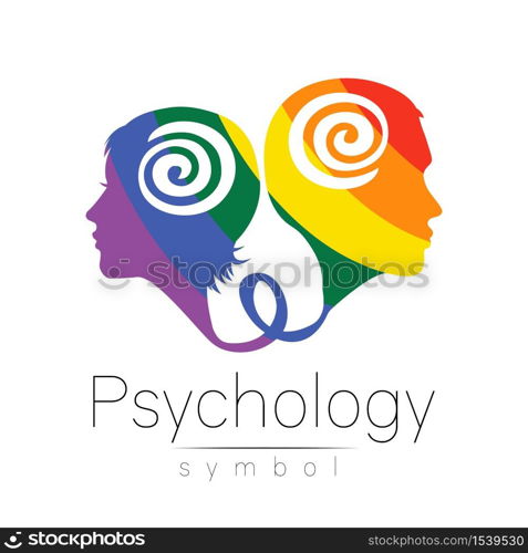 Modern logo head with man and woman, sign of Psychology. Profile Human. Creative style logotype. Symbol in vector. Design concept. Brand company. Rainbow color isolated on white . Icon of family.. Modern logo head with man and woman, sign of Psychology. Profile Human. Creative style logotype. Symbol in vector. Design concept. Brand company. Rainbow color isolated on white . Icon of family