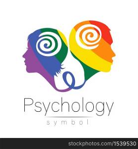 Modern logo head with man and woman, sign of Psychology. Profile Human. Creative style logotype. Symbol in vector. Design concept. Brand company. Rainbow color isolated on white . Icon of family.. Modern logo head with man and woman, sign of Psychology. Profile Human. Creative style logotype. Symbol in vector. Design concept. Brand company. Rainbow color isolated on white . Icon of family